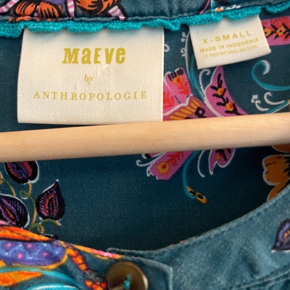 MAEVE  Teal Floral Print Button-down Top with Ruffle Flared Sleeves XS - Picture 7 of 9